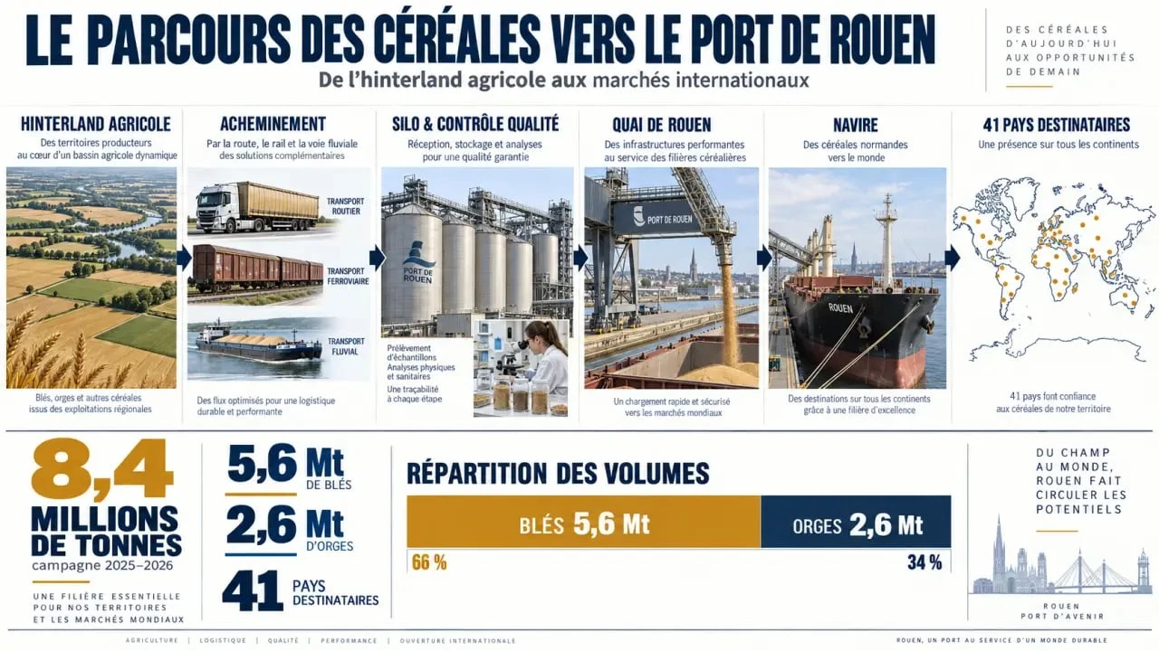 Infographie du port de Rouen céréales et du parcours des grains jusqu'aux marchés internationaux