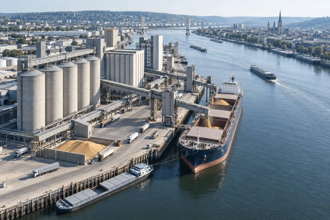 Port de Rouen céréales avec silos, quais et navire vraquier sur la Seine