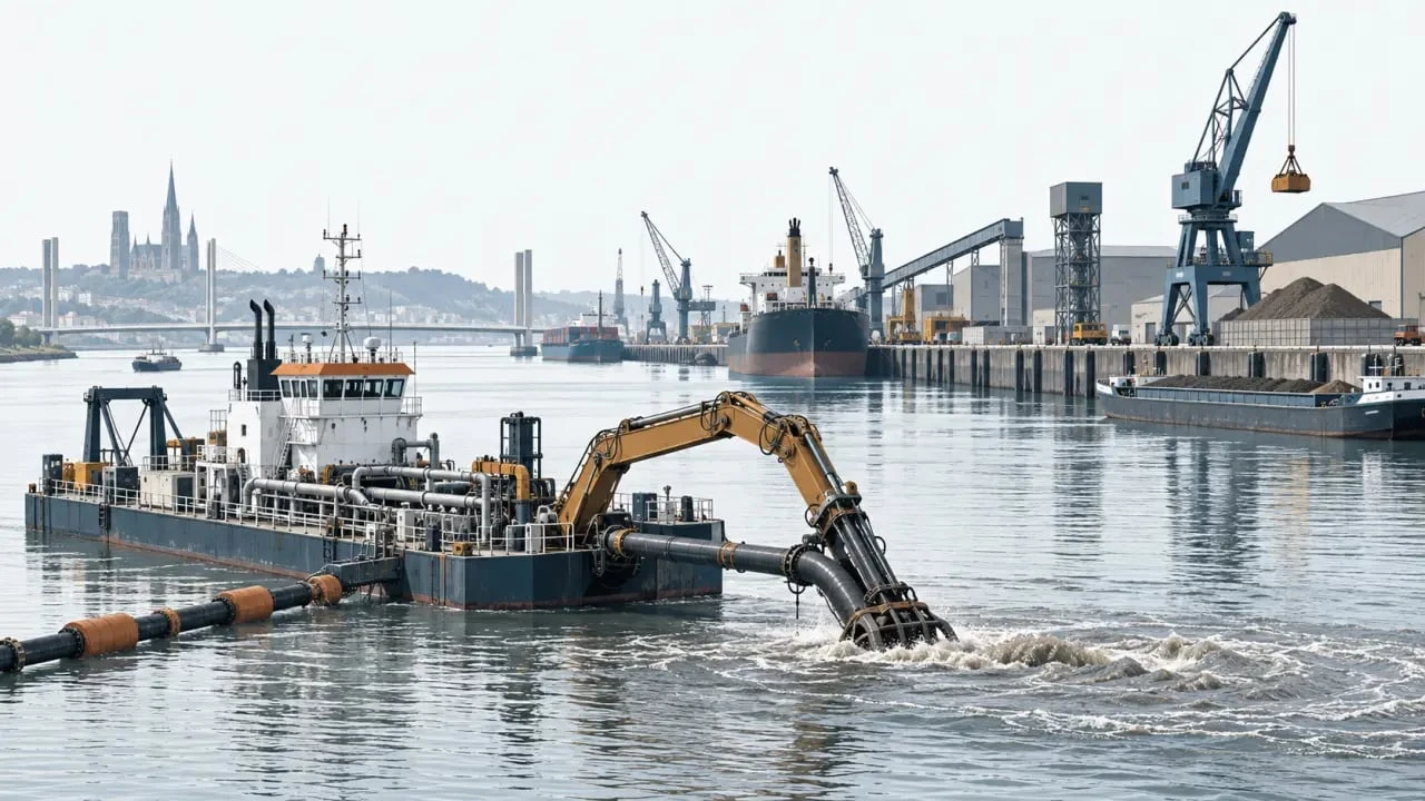 Dragage du port de Rouen avec une drague sur l'axe Seine