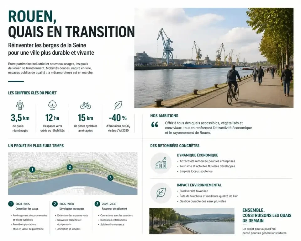 Quais du port de Rouen France aménagés pour la promenade avec activité industrielle en arrière-plan