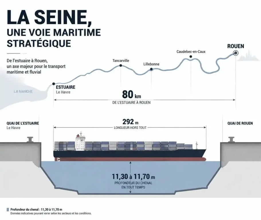 Schéma du port de Rouen France montrant la remontée fluvio-maritime de la Seine et le tirant d'eau du chenal