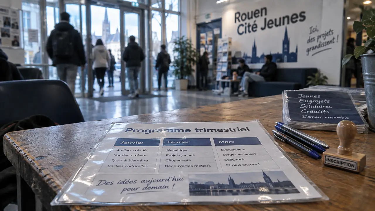 Affiche Programme trimestriel, maison des jeunes et de la culture rive gauche rouen, salle Europa
