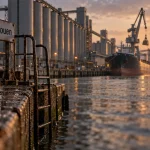 Port de Rouen céréales : silos et vraquier sur la Seine