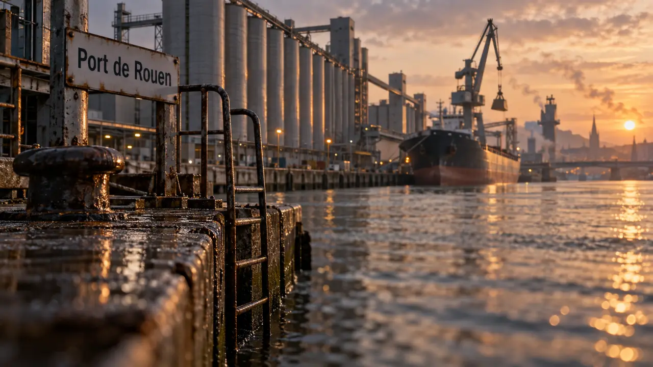 Port de Rouen céréales : silos et vraquier sur la Seine