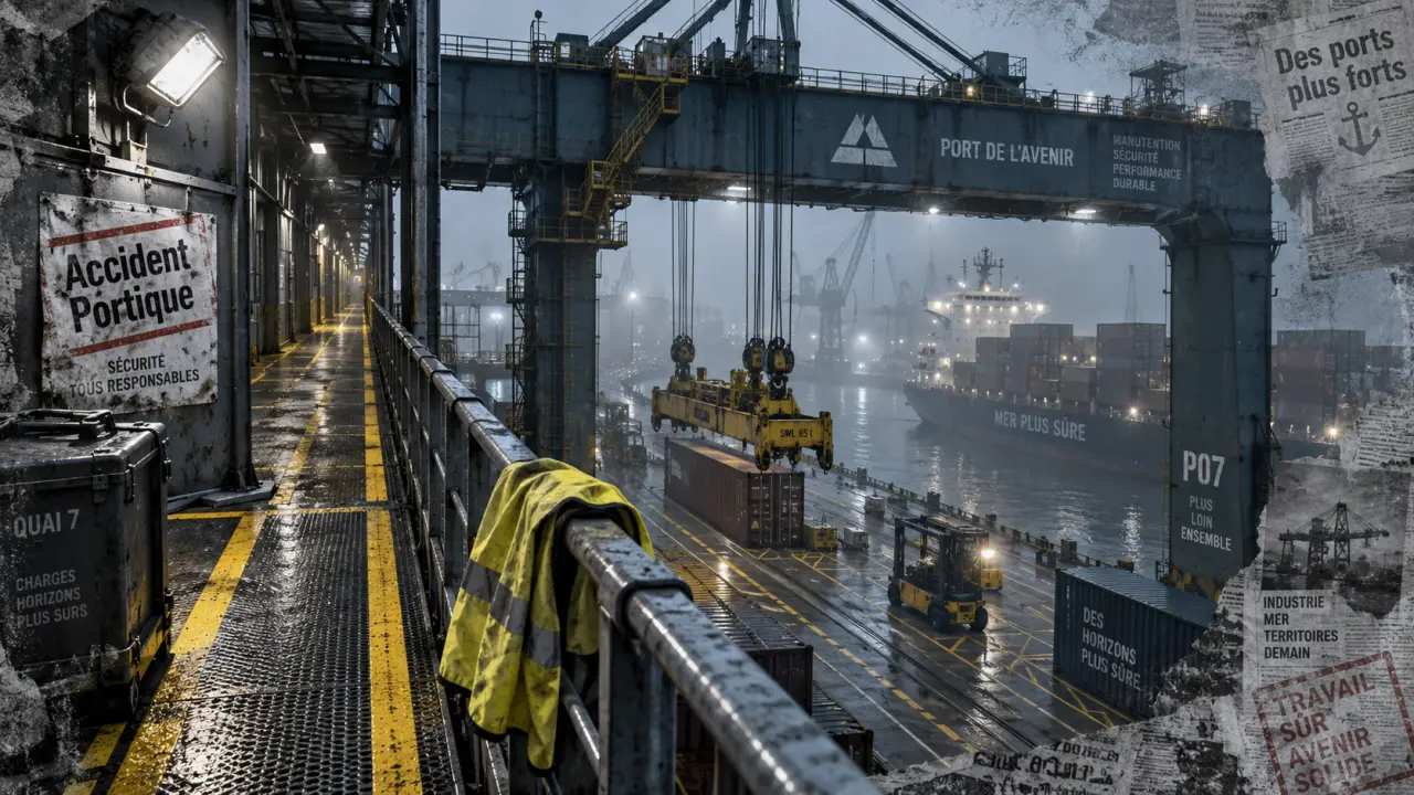 Accident port de Rouen : couloir piéton, gilet sécurité, portique industriel