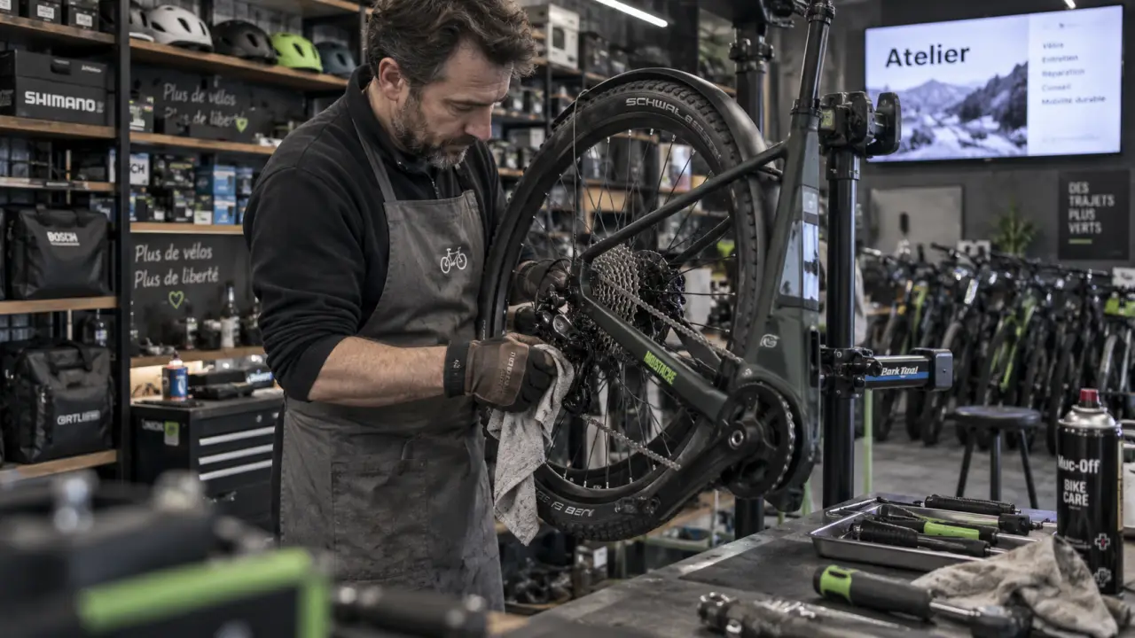 culture velo rouen atelier vélo électrique, mécanicien ajuste un VAE